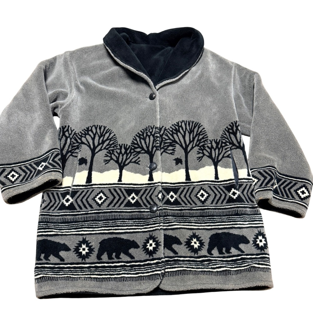 Scenic Fleece Jacket Bear Tree Southwest Grey Button Up Cabincore‎ L/XL Oversize